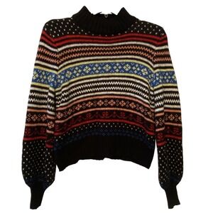 American Eagle Fair Isle Mock Neck Sweater Black Multi Chunky Cozy Comfy Small